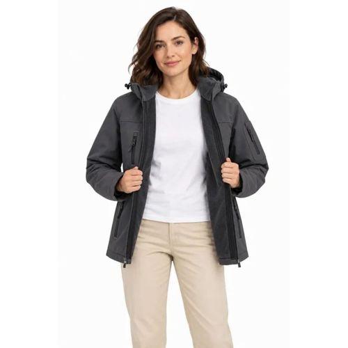 Su Geçirmez Softshell İçi Polar Astarlı Çıkarılabilir Kapüşonlu 4 Cepli Mont Ceket - Füme