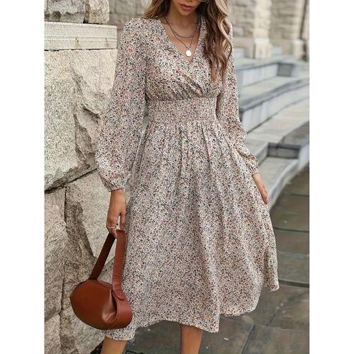 Kadın Uzun Kollu Kruvaze Yaka Beli Lastikli Kiloş Desenli Midi Süprem Elbise