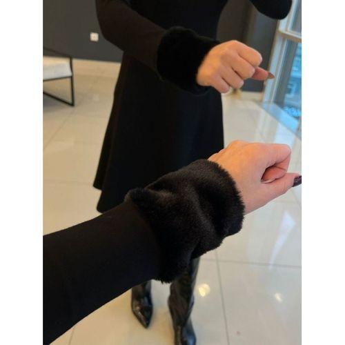 Kadın Uzun Kollu Kürk Yakalı Fermuarlı Kısa Viskon Iki Iplik Elbise