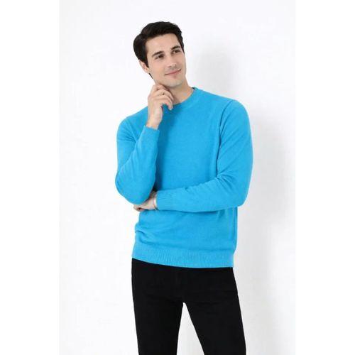 Erkek Bisiklet Yaka Triko Kazak Yumuşak Dokulu Pamuklu Ince Dokuma, Uzun Kollu Rahat Regular Kalıp - Mavi