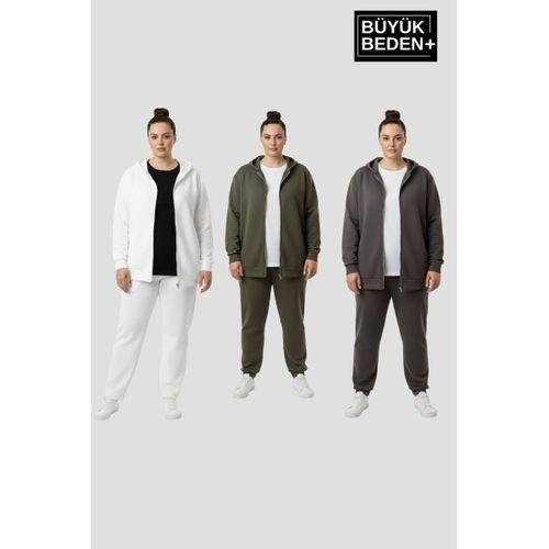 Erkek Büyük Beden Fermuarlı Kapüşonlu 3  lü Set ince Sweatshirt Hırka - Rahat Kalıp SPR26BHRK960+3