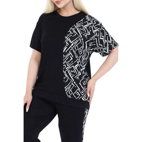 Melsay Butik Siyah Kısa Kol Yarım Zigzag Garnili Viskon Kapri Takım