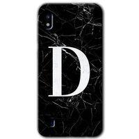 MRCİLETİSİM Samsung Galaxy A10 Kılıf Baskılı Kapak - Siyah Mermer Desenli D Harfi + 5D Tam Kaplayan Cam