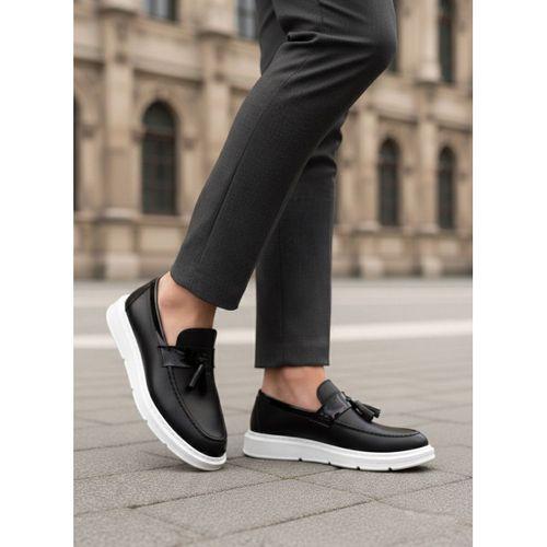 BA0005 Bağcıksız Yüksek Taban Klasik Püsküllü Corcik Erkek Ayakkabı Siyah Beyaz