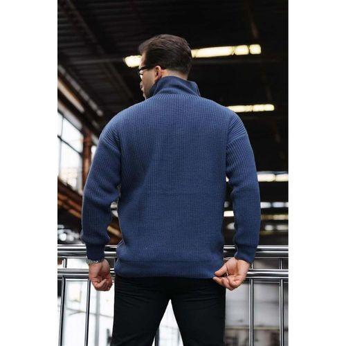 Oversize Selanik Örgü Yarım Fermuar Erkek Triko Kazak - İndigo