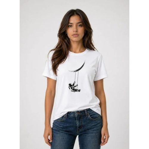 Astronot Ay Temalı Tişört Kısa Kol Yazlık Bisiklet Yaka T-Shirt - Beyaz