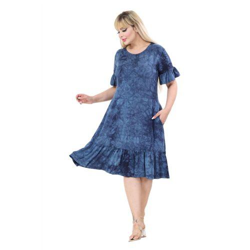 Melsay Butik Lacivert Batik Yıkamalı Cepli Fırfırlı Kısa Kollu Kadın Midi Elbise