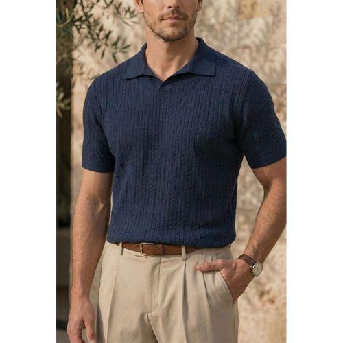 Nestor Saç Örgü Desenli Polo Yaka Regular Fit Örme İnce Triko Erkek T-Shirt - Lacivert