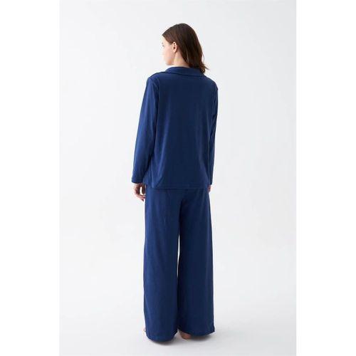Kadın Lacivert Düğmeli Yaka Detaylı Pamuklu Pijama Takımı