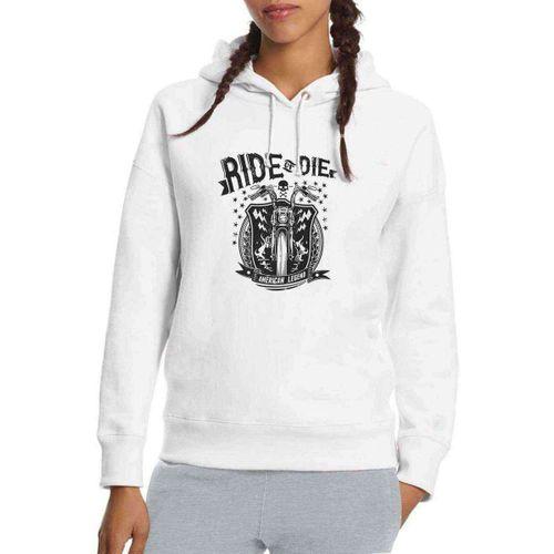 Ride Or Die Motorsiklet Motor Baskılı Beyaz Kadın Kapşonlu Sweatshirt
