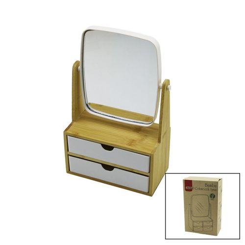 2 ÇEKMECELİ BAMBU AHŞAP STANDLI=9X9.9X17.8X21.5CM MAKYAJ AYNASI=15X18CM TAKILIK 1+1 ORGANİZER (3748)
