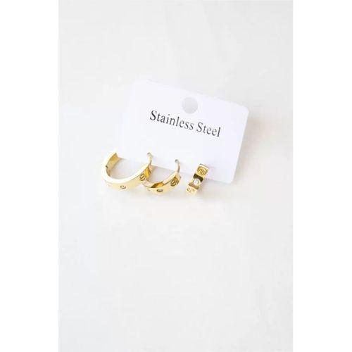 3'lü Taşlı Çelik Halka Küpe - Altın