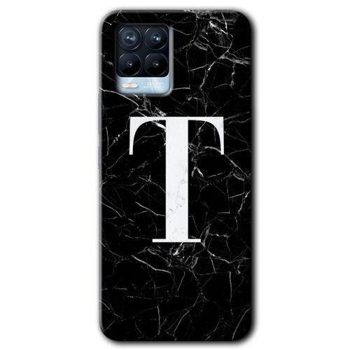 Realme 8 Pro Kılıf Baskılı Kapak - Siyah Mermer Desenli T Harfi + 5D Tam Kaplayan Cam