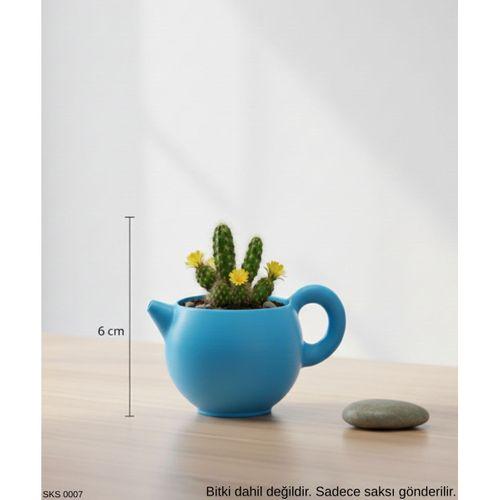 Mavi Caydanlik Seklinde Mini Dekoratif Saksi 6 Cm Masa Ustu Ofis Dekoru