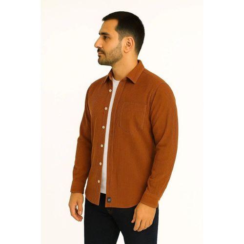 Erkek Fitilli Kadife Cepli Gömlek Oversize Rahat Kalıp - Kahverengi
