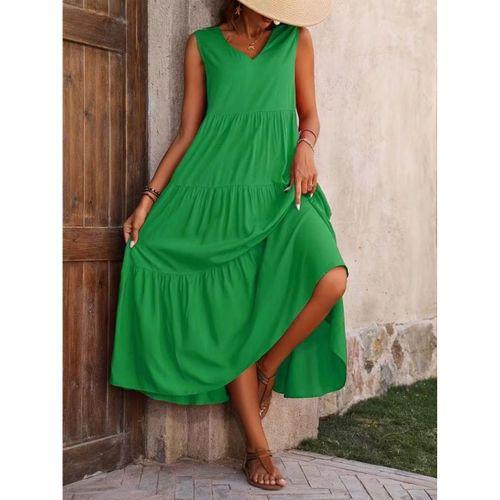 Kadın Askılı V Yakalı Uzun Dokuma Viskon Elbise