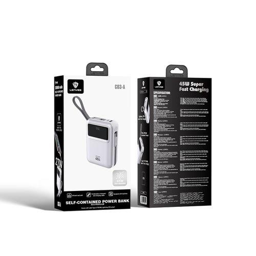 Lenyes C03-A Dijital LED Göstergeli Type-C ve Lightning Kablolu Powerbank 45W 10.000mAh
