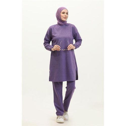 Yırtmaçlı Bisiklet Yaka Sade Basic Eşofman Spor İkili Takım - 03060.013 - Mor