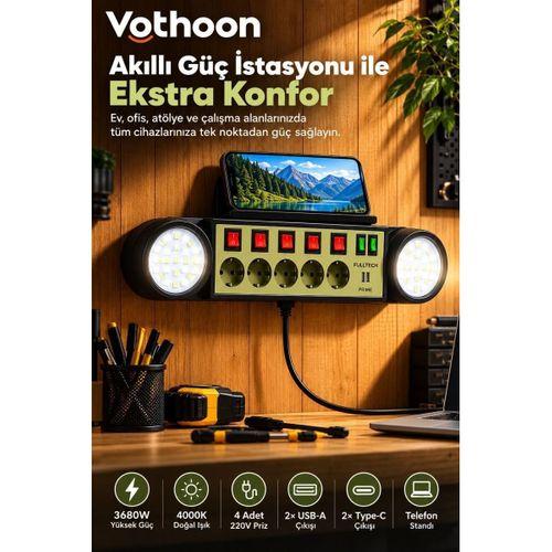 Akıllı Masaüstü Duvar Tipi Akım Korumalı 5’li Priz 3680w Led Işıklı Usb-a Type-c Telefon Standlı