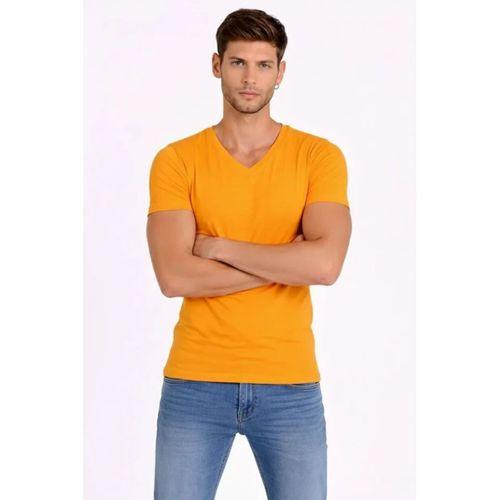 Erkek T-Shirt V Yaka Slim Fit Dar Kesim Likralı Tişört Günlük Basic Body - Sarı