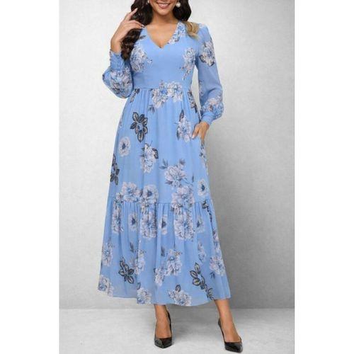 Kadın Uzun Kollu V Yakalı çiçek Desenli Maxi Süprem Elbise