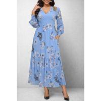 Kadın Uzun Kollu V Yakalı çiçek Desenli Maxi Süprem Elbise