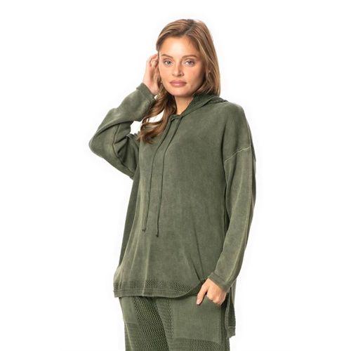 Uzun Kol Kapüşonlu Fileli Sonbahar ve Kışlık Triko Bluz Haki Hk