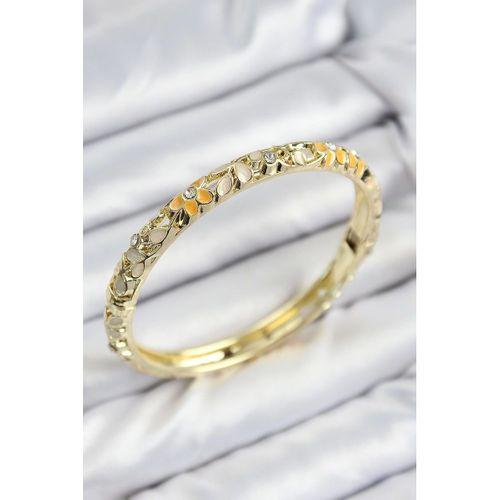 Mineli Pirinç Zirkon Taşlı Sarı Krem Çiçek Motifli Gold Kadın Kelepçe