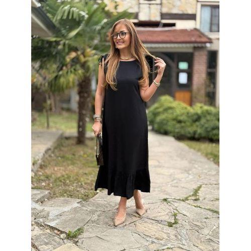 Kadın Omuzlardan Büzgülü Kayık Yaka Fırfırlı Janjan Krep Elbise