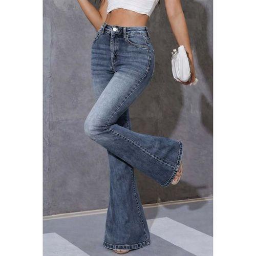 Kadın Yüksek Bel Fermuarlı İspanyol Paçalı Kot Pantolon