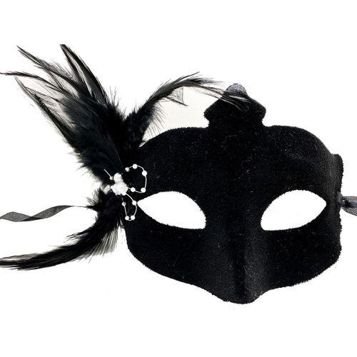 Siyah Süet Tüylü Beyaz İncili Parti Maskesi
