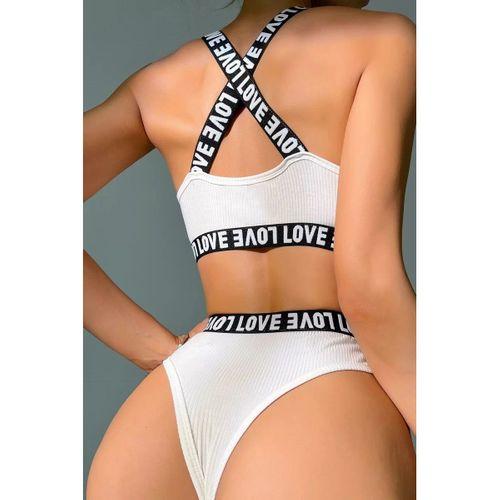 Kadın Beyaz Çapraz Sırt Ve Love Yazı Detaylı Iç Çamaşır Takımı