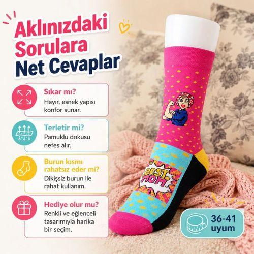 Best Mom Kadın Çorabı 36-40 Pamuklu Dikişsiz Burun Pop Art Desenli Renkli Soket Hediyelik Çorap