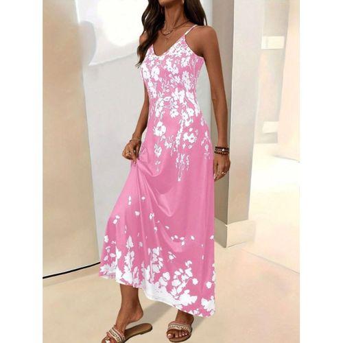 Kadın Askılı V Yakalı Desenli Uzun Süprem Elbise