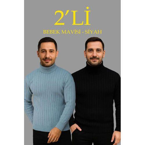 Erkek Fitilli Triko Kazak 2li Set Bebek Mavisi Siyah Regular Balıkcı Yaka Tam Boğazlı Triko Seti Modeli Kazak