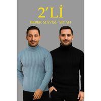 Erkek Fitilli Triko Kazak 2li Set Bebek Mavisi Siyah Regular Balıkcı Yaka Tam Boğazlı Triko Seti Modeli Kazak