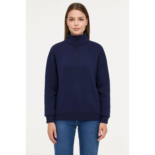 Üç İplik Dık Yaka Yarım Fermuarlı SweatShirt - Lacivert