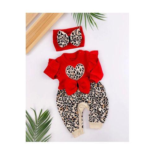 Leopar Desenli Fiyonklu % 100 Pamuk Kız Bebek Tulum