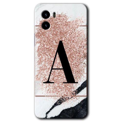 MRCİLETİSİM Vivo Y15s Kılıf HD Desen Baskılı Arka Kapak + Temperli Cam - Pembe Mermer Desenli A Harfi