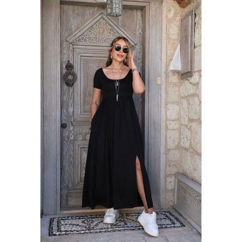 Kadın Kısa Kollu Yuvarlak Yaka önden Yırtmaçlı Cepli Viskon Uzun Elbise