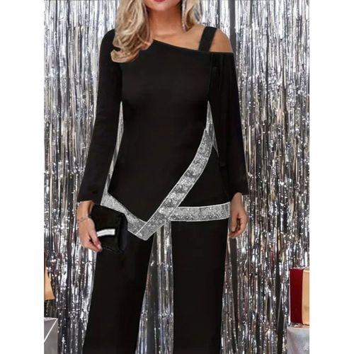 Kadın Tek Omuzdan Açık Uzun Kollu önü Pulpayet Ithal Krep Bluz Ve Pantolon