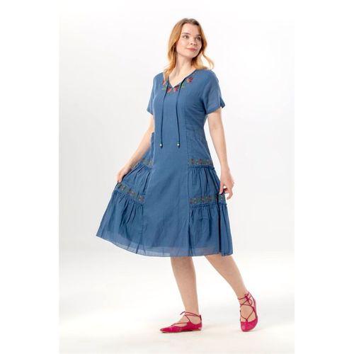 Kısa Kol Aynur Bisiklet Yaka Cepli Yazlık Vual Kısa Elbise İndigo indg