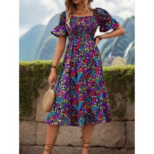 Kadın Kısa Kollu Kare Yakalı Beli Lastikli çiçek Desenli Mini Süprem Elbise