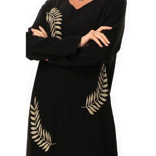 Uzun Kol Yaprak V Yaka Baskılı Müslin Uzun Otantik Yazlık Elbise Siyah-Siyah Syh/Syh