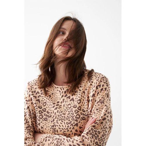 Kadın Oversize Bej Leopar Desenli Pamuklu Kalın Pijama Takımı