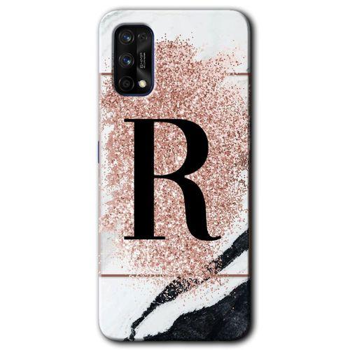 Realme 7 Pro Kılıf Baskılı Kapak - Pembe Mermer Desenli R Harfi + 5D Tam Kaplayan Cam
