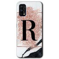 Realme 7 Pro Kılıf Baskılı Kapak - Pembe Mermer Desenli R Harfi + 5D Tam Kaplayan Cam