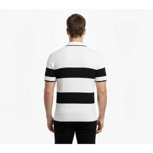 Erkek T-shirt Çizgili Triko Dokuma Kumaş Polo Yaka Yarım Fermuarlı Regular Kalıp Tişört - Beyaz