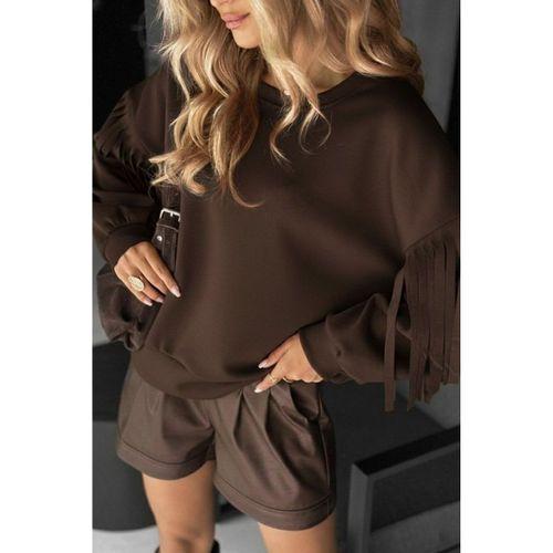 Kadın Uzun Kollu Bisiklet Yaka Kolları Püsküllü Modal Bluz
