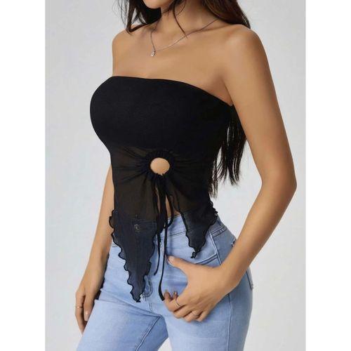 Kadın Siyah Crop Bluz Önden Halka Detaylı Büzgülü Şık Kadın Üst Giyim Özel Tasarım